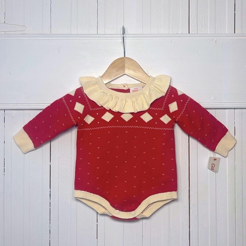 NWT Girls Red Ivory Knit Ruffle Collar Sweater Romper Bubble